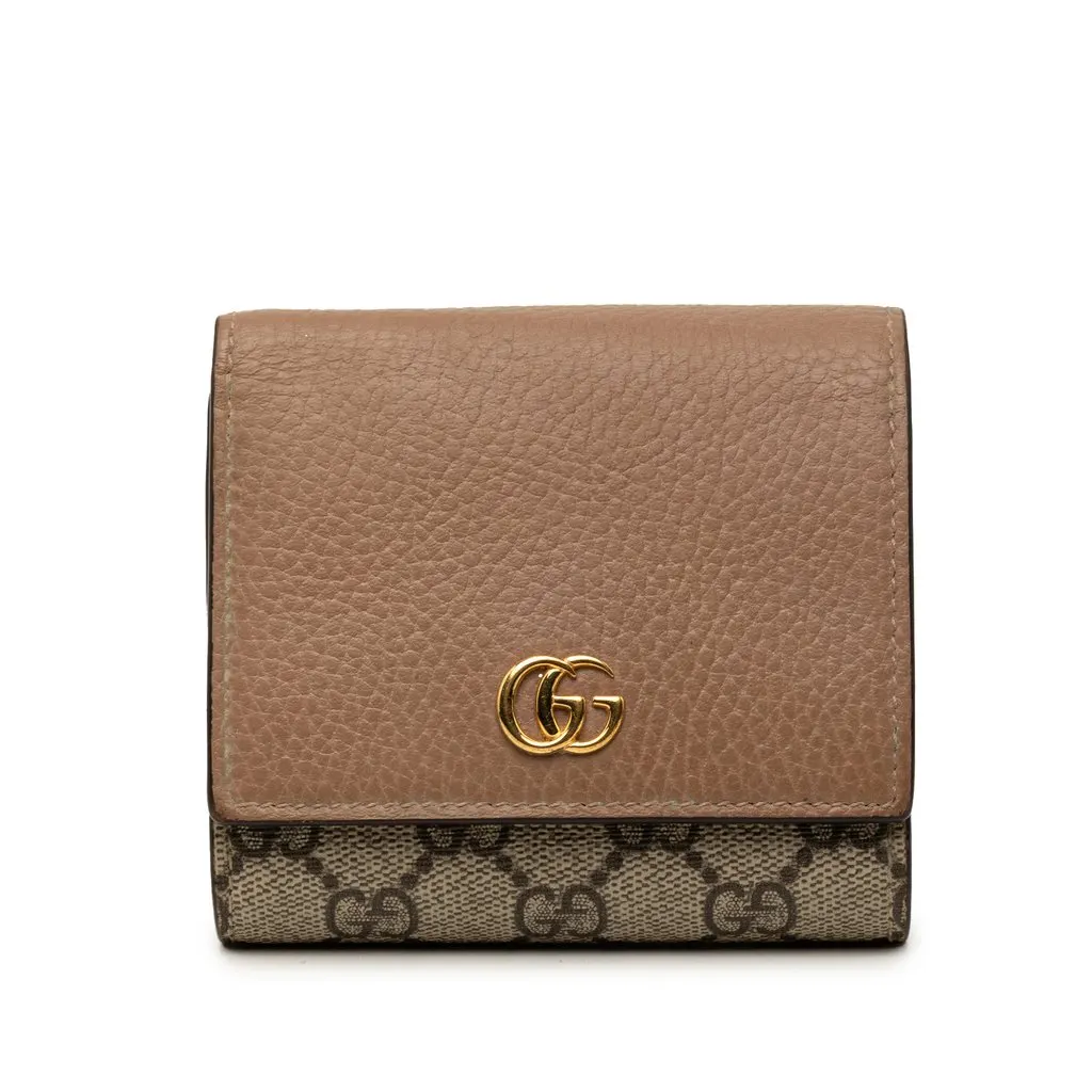 Gucci Bicolor GG Marmont Calfskin and GG Supreme Bifold Wallet Beige Leather Very good - Front View