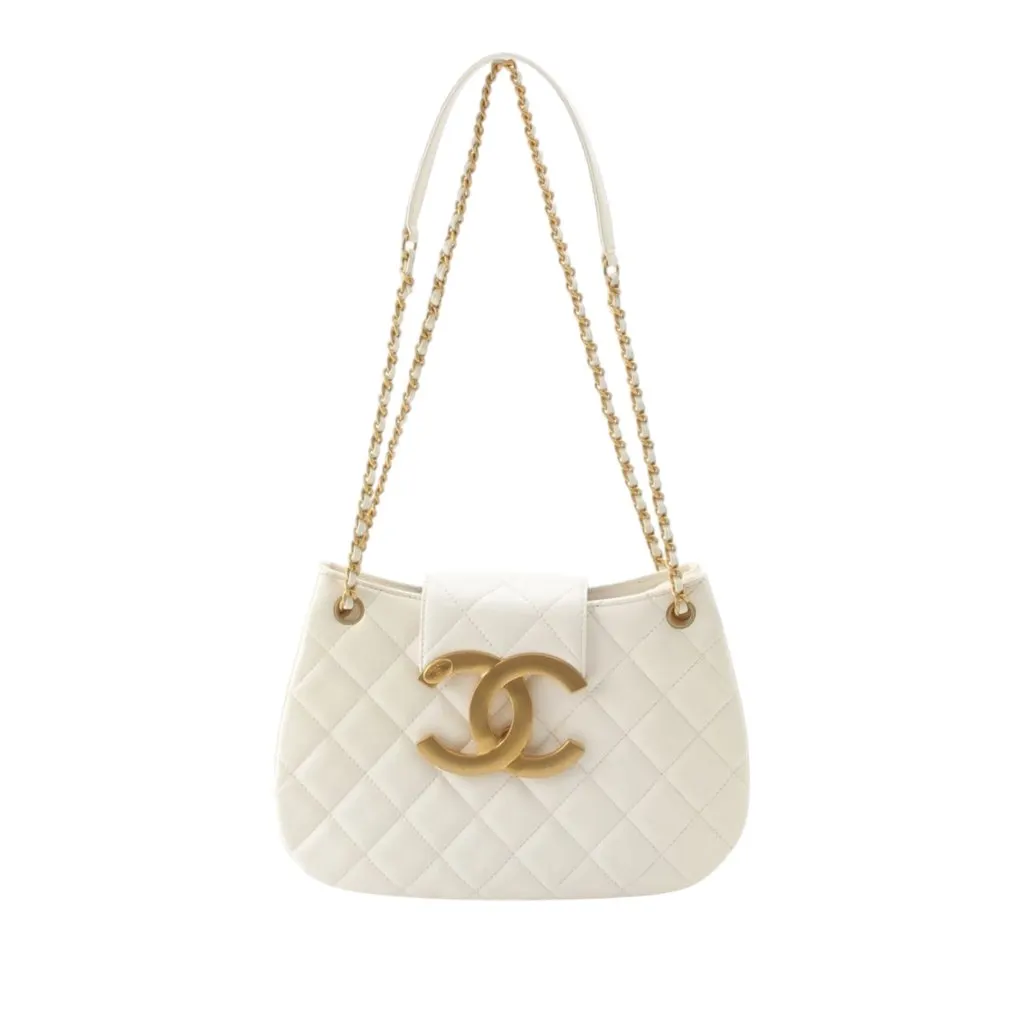 Chanel CC Quilted Lambskin Shoulder Bag White Leather Very good - Front View
