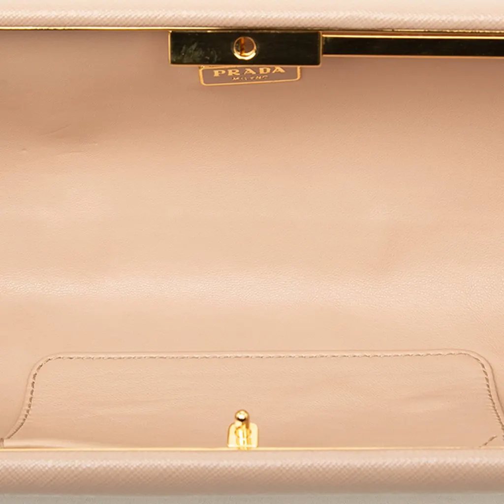Prada Saffiano Lux East West Frame Clutch Beige Leather Very good - Model View