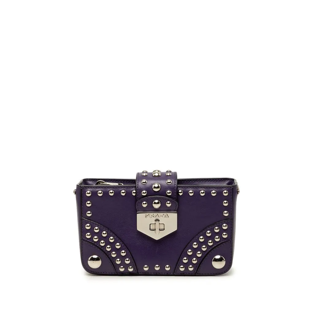 Prada City Calfskin Studded Elektra Turn Lock Clutch Purple Leather Very good - Front View