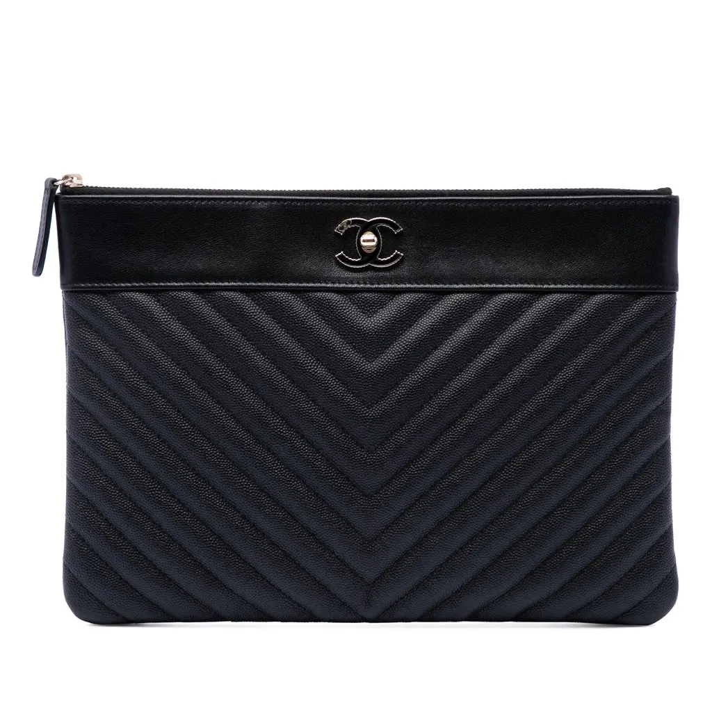 Chanel Medium Chevron Caviar Mademoiselle O Case Clutch Black Leather Very good - Front View