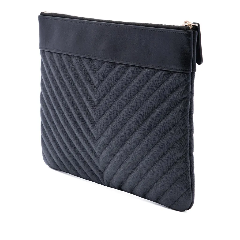 Chanel Medium Chevron Caviar Mademoiselle O Case Clutch Black Leather Very good - Back View