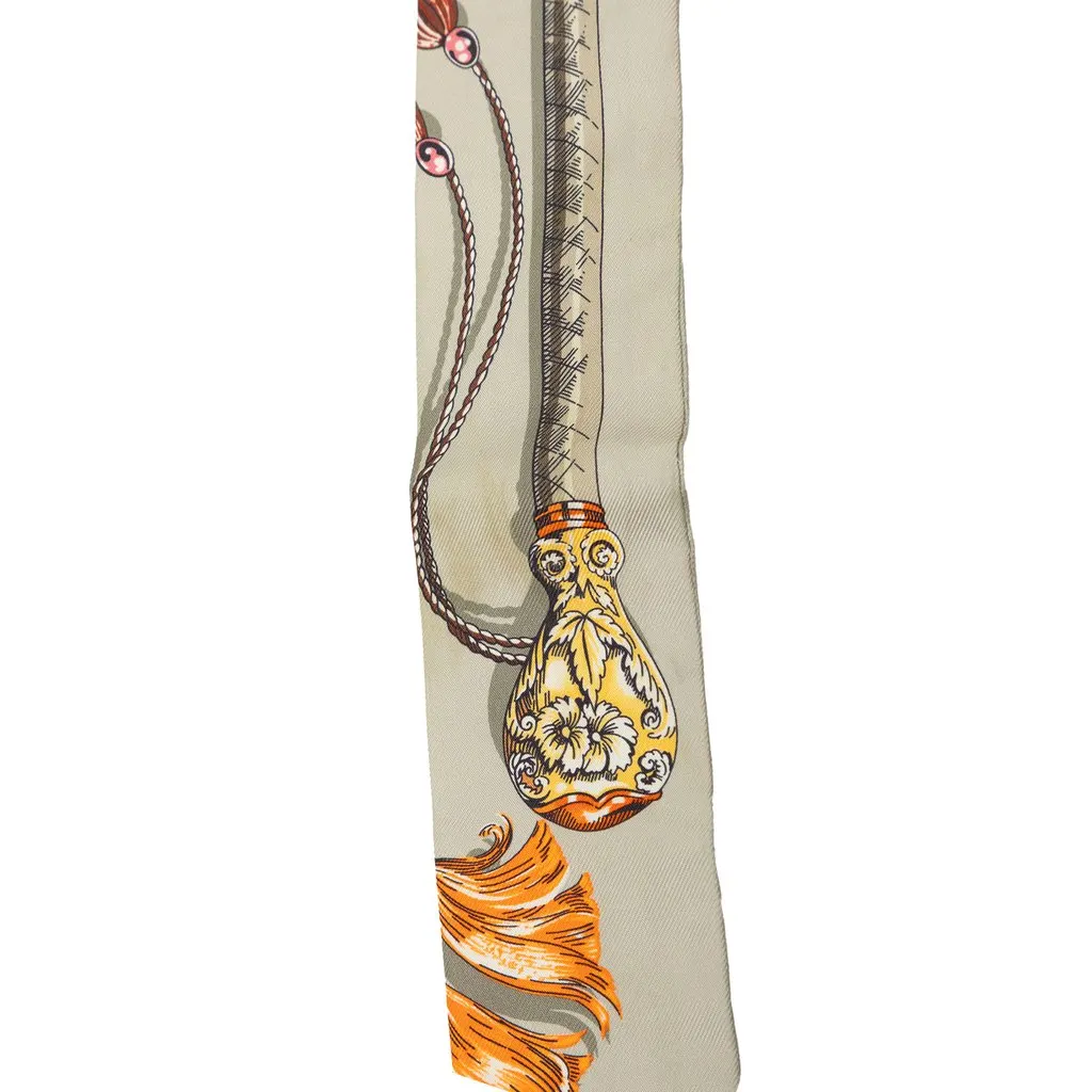 Hermès Cavalcades Silk Twilly Scarf Grey Silk Very good - Model View