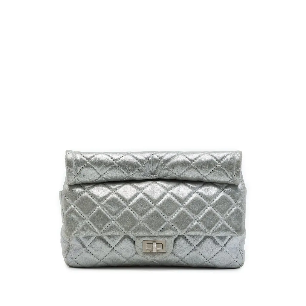 Chanel Quilted Metallic Lambskin Reissue 2.55 Roll Clutch Silver Leather Very good - Front View