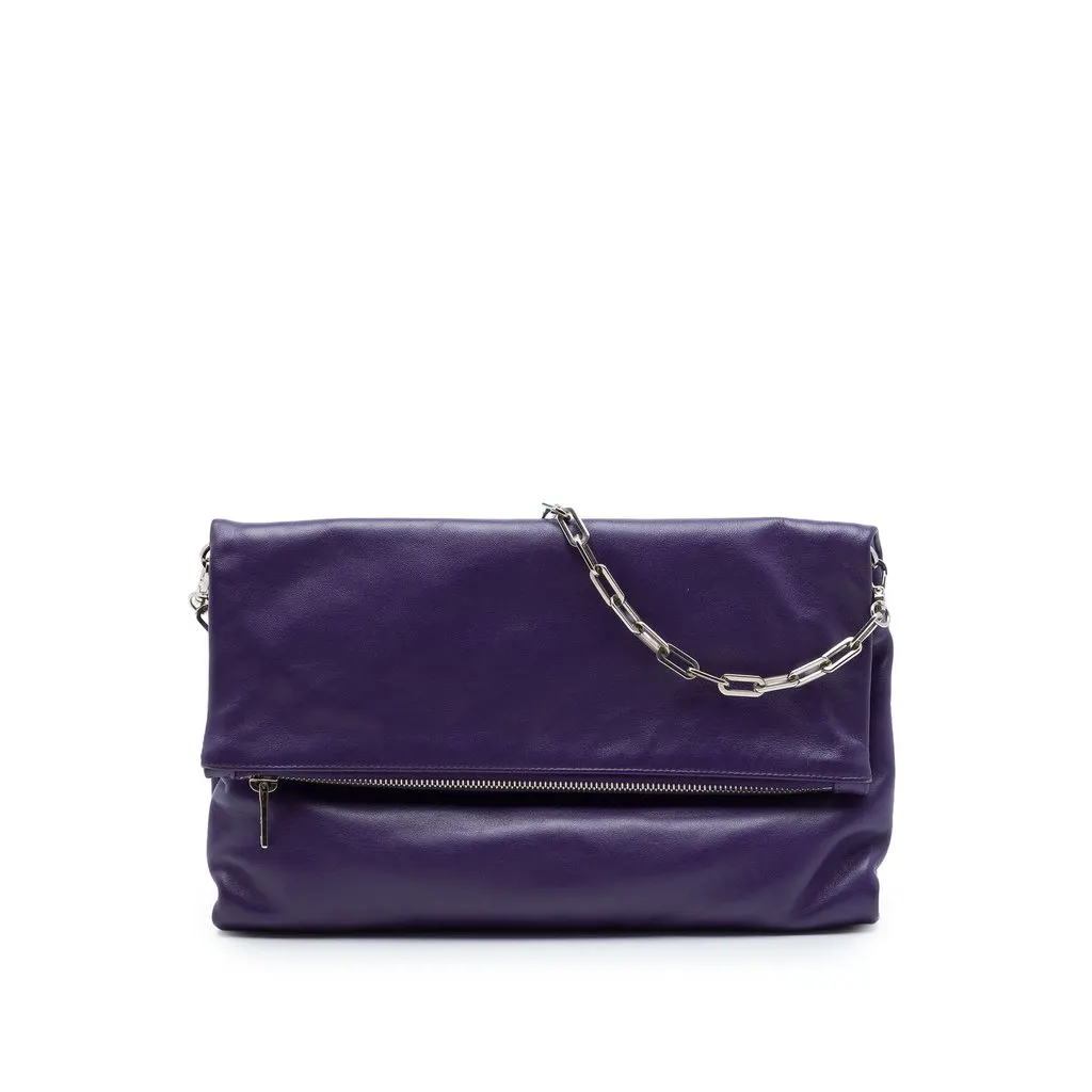 Prada Soft Calf Fold Over Shoulder Bag Purple Leather Very good - Front View