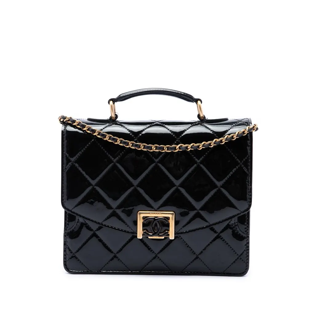 Chanel CC Quilted Patent Accordion Pushlock Top Handle Flap Black Leather Very good - Front View