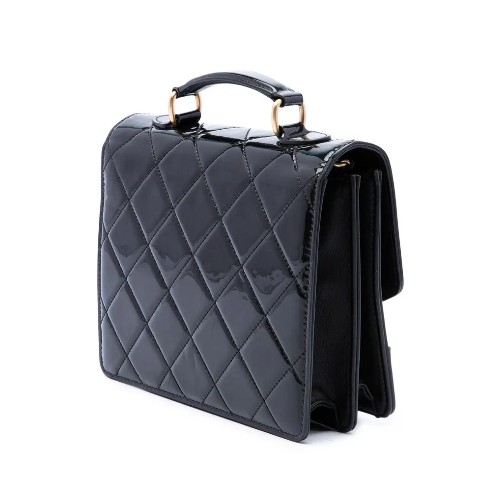 Chanel CC Quilted Patent Accordion Pushlock Top Handle Flap Black Leather Very good - Back View