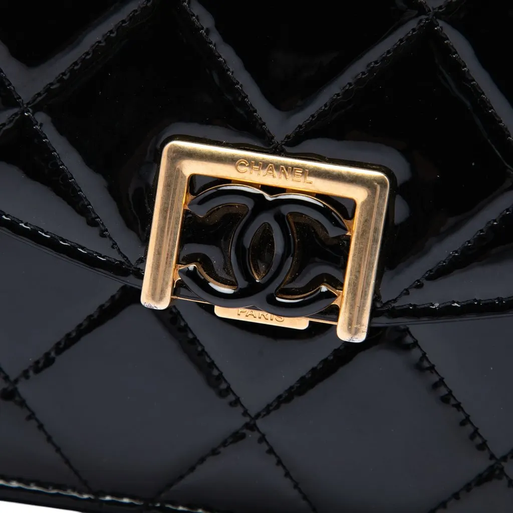 Chanel CC Quilted Patent Accordion Pushlock Top Handle Flap Black Leather Very good - Box View