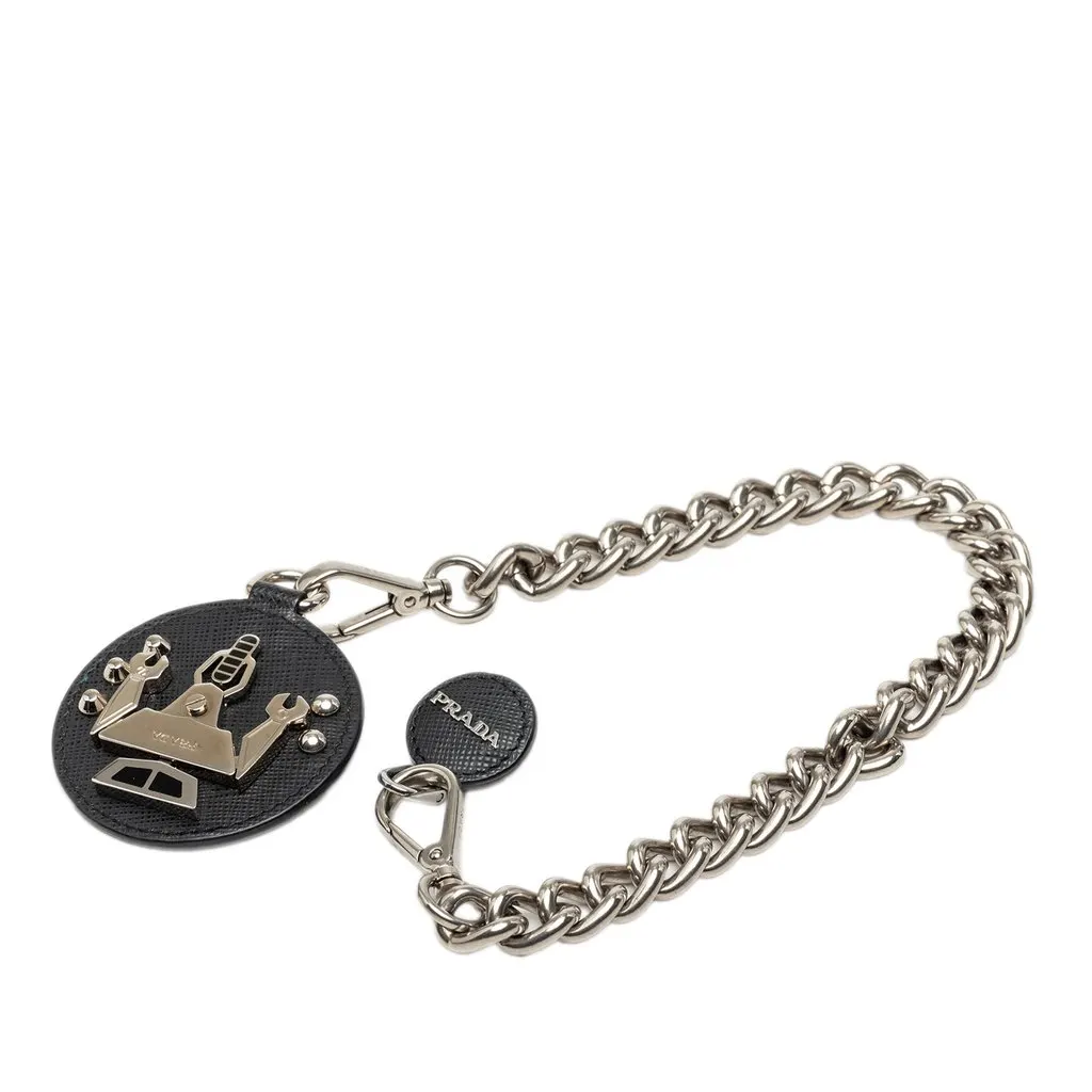 Prada Saffiano and Brass Robot Chain Brooch Black Leather Very good - Front View