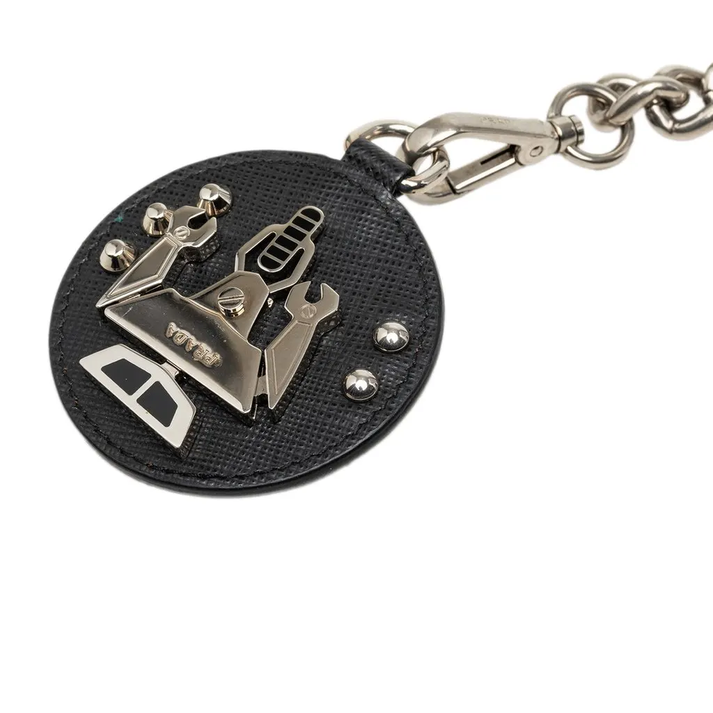 Prada Saffiano and Brass Robot Chain Brooch Black Leather Very good - Back View