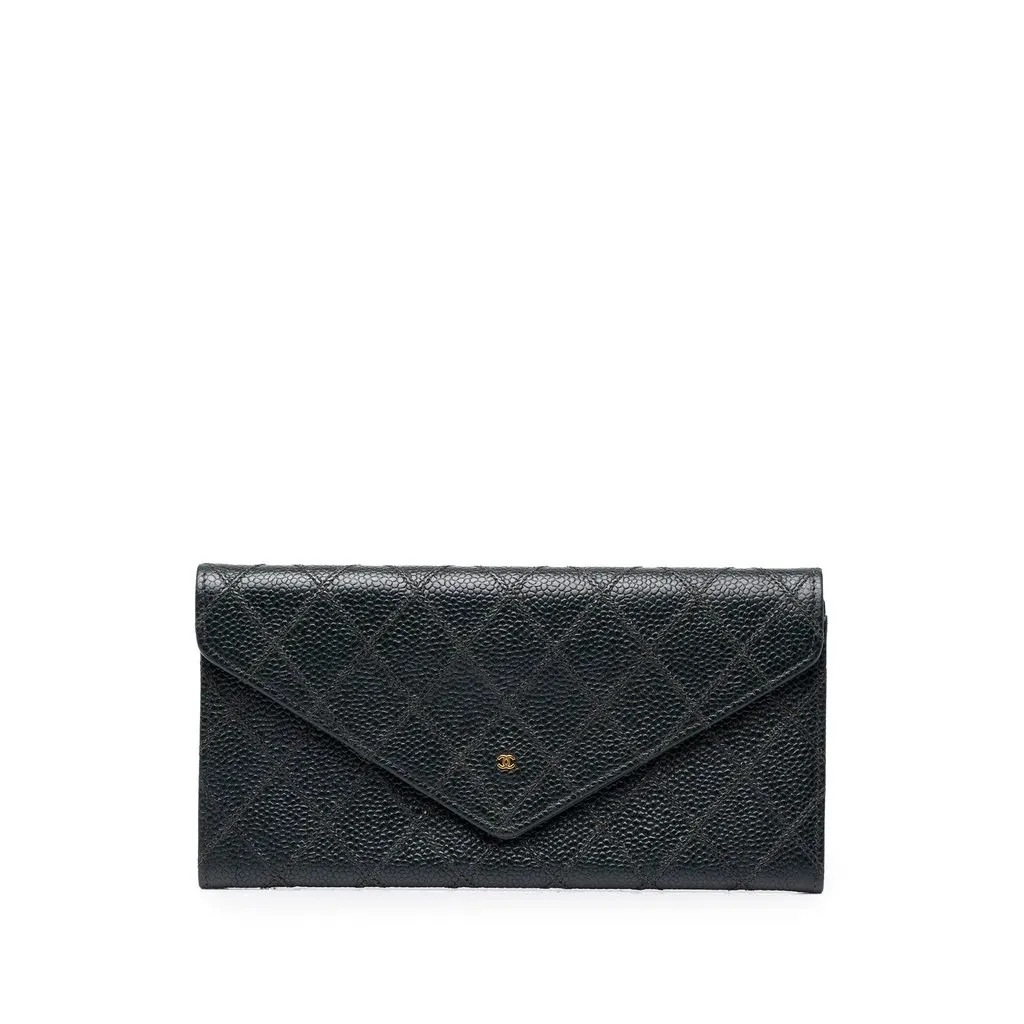 Chanel CC Diamond Stitched Caviar Envelope Wallet Black Leather Very good - Front View