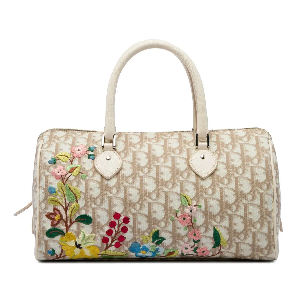 Dior Diorissimo Coated Canvas Floral Embroidered Boston Bag Beige Very good - Front View