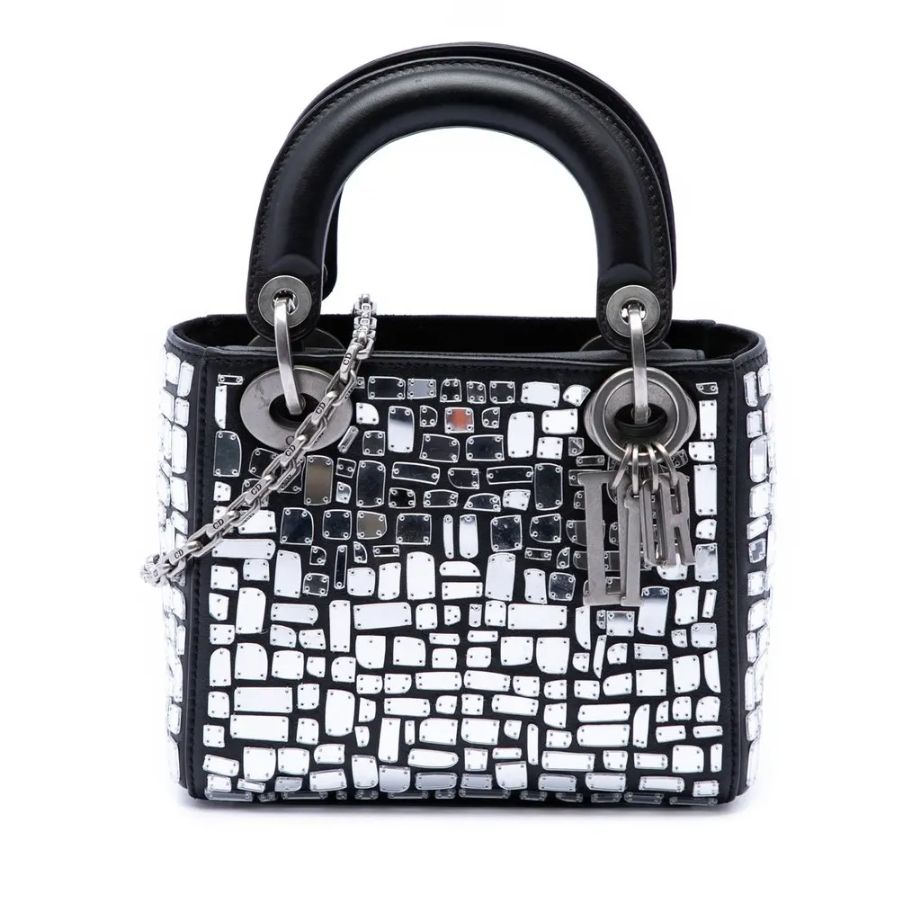 Dior Mini Smooth Calfskin Embroidered Mosaic of Mirrors Lady Dior Black Leather Very good - Front View