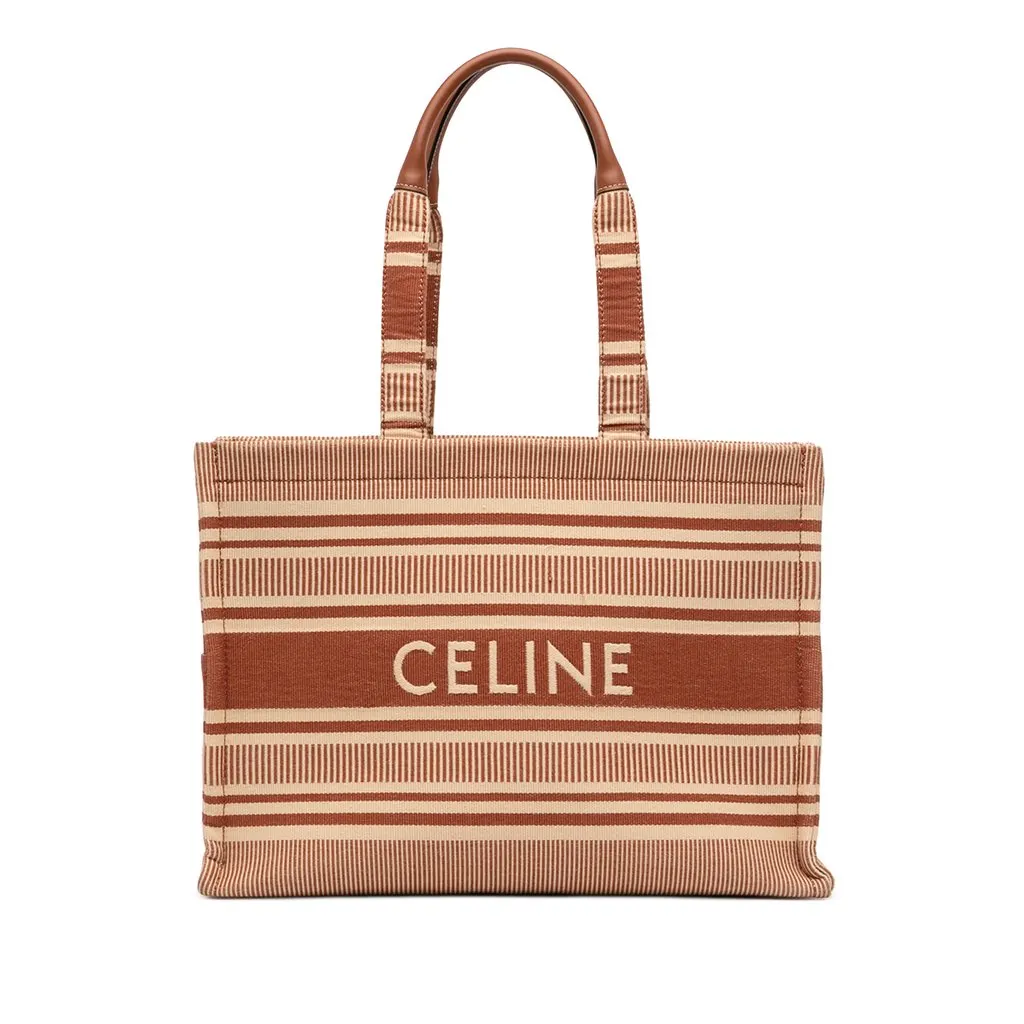 Celine Large Striped Canvas Cabas Thais Tote Beige Very good - Front View