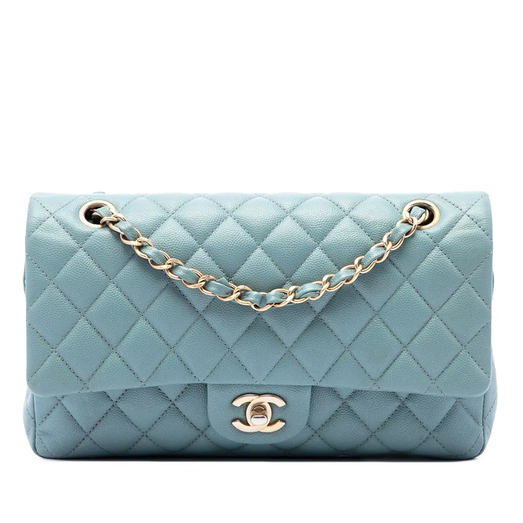 Chanel Medium Classic Iridescent Caviar Double Flap Blue Leather Good - Front View