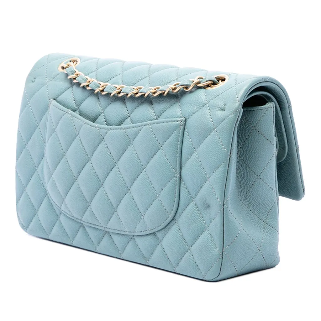 Chanel Medium Classic Iridescent Caviar Double Flap Blue Leather Good - Back View