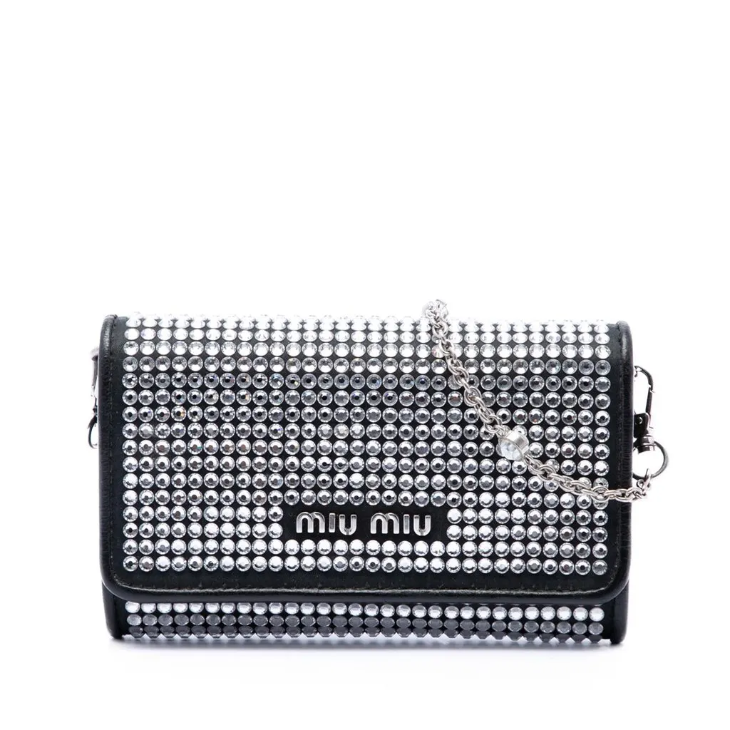 Miu Miu Soft Nappa Crystal Embellished Wallet on Chain Black Leather Very good - Front View