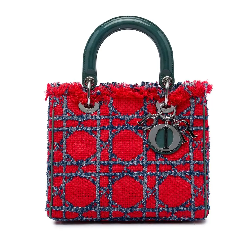 Dior Medium Tweed Cannage Fringe Lady Dior Red Very good - Front View