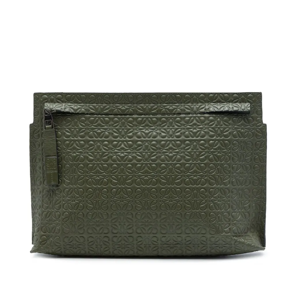 LOEWE Embossed Leather Anagram Repeat T Pouch Green Leather Very good - Front View