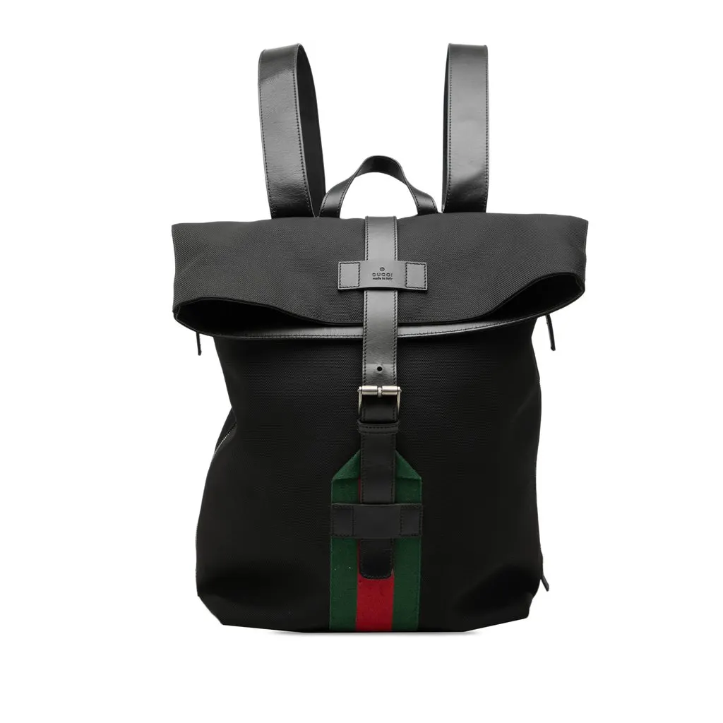 Gucci Canvas Techno Web Fold Over Backpack Black Very good - Front View