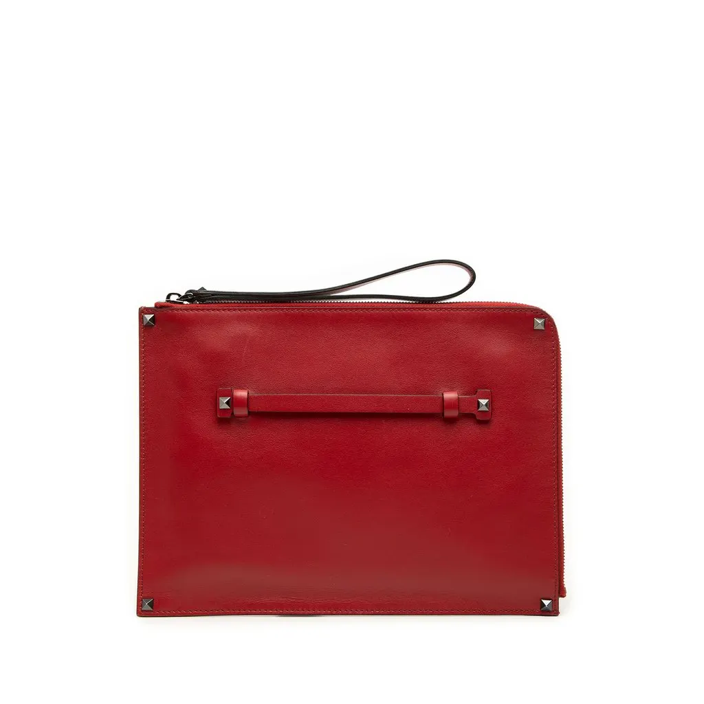 Valentino Leather Rockstud Wristlet Clutch Red Leather Good - Front View