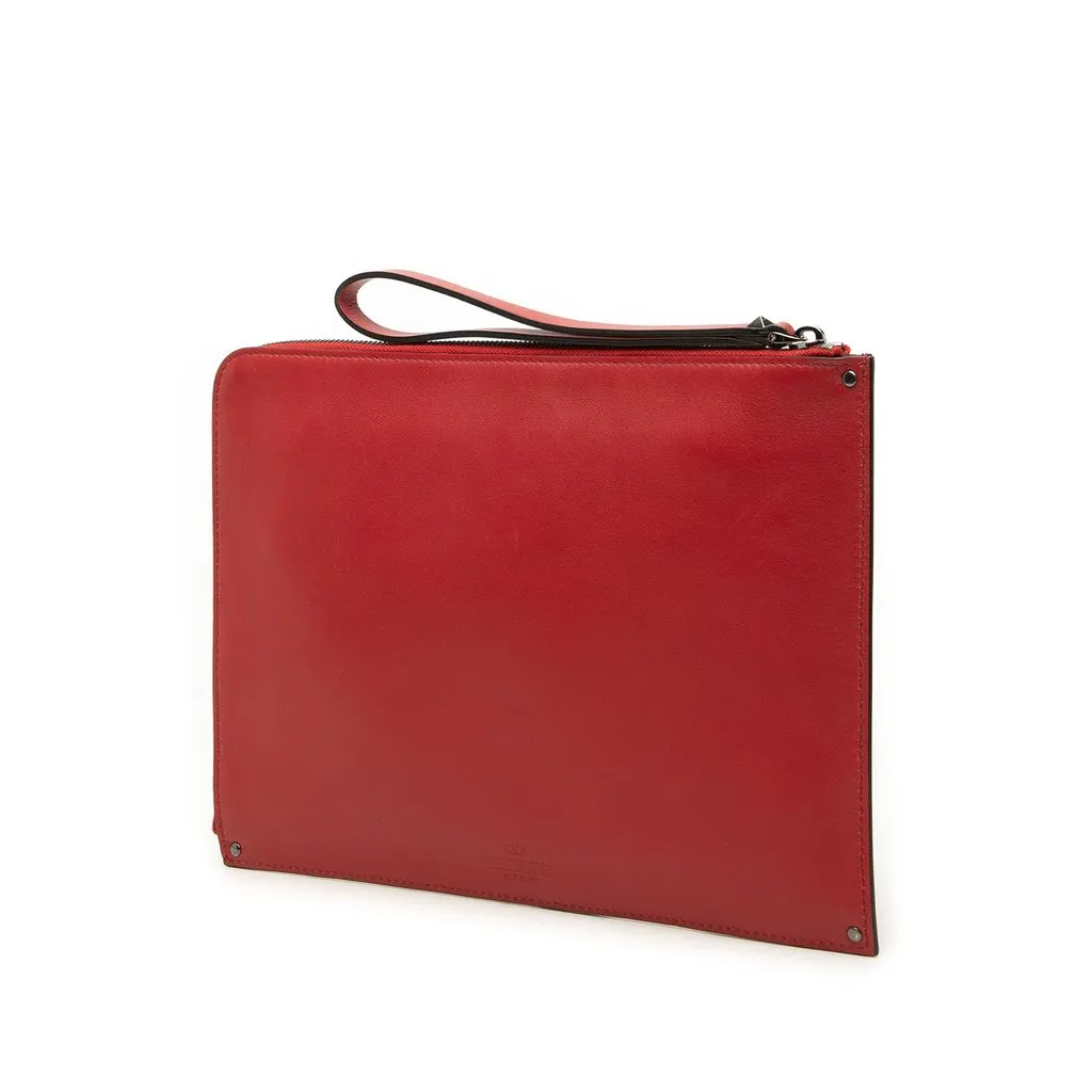 Valentino Leather Rockstud Wristlet Clutch Red Leather Good - Back View