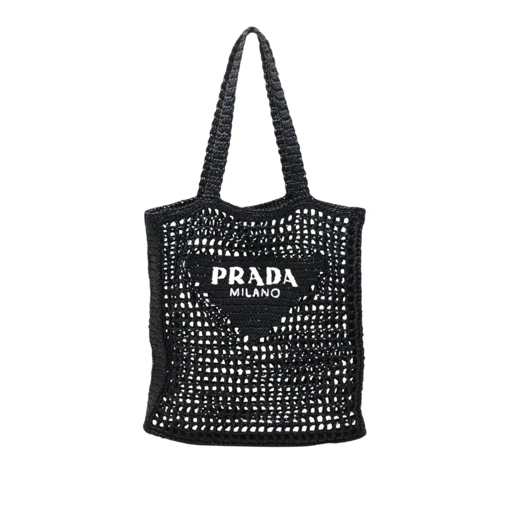 Prada Raffia Effect Crochet Embroidered Logo Tote Black Very good - Front View