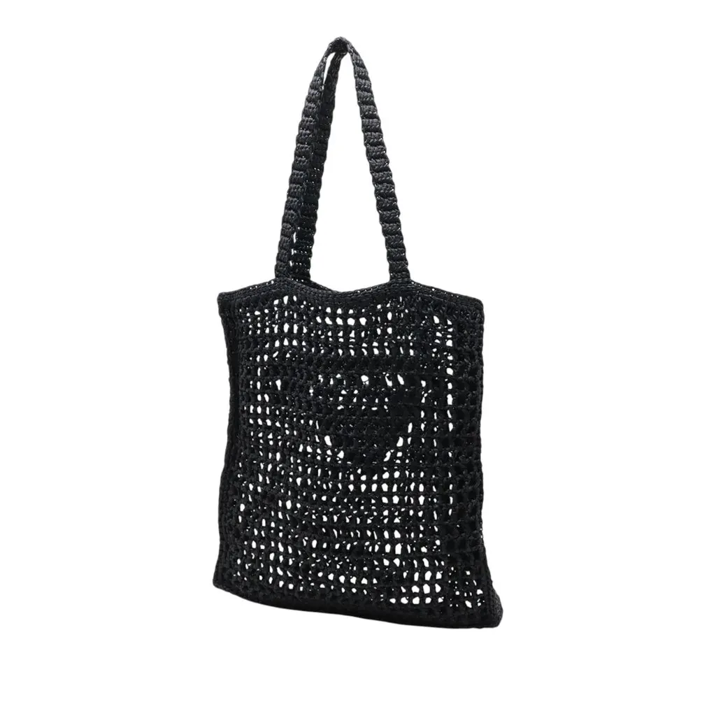 Prada Raffia Effect Crochet Embroidered Logo Tote Black Very good - Back View