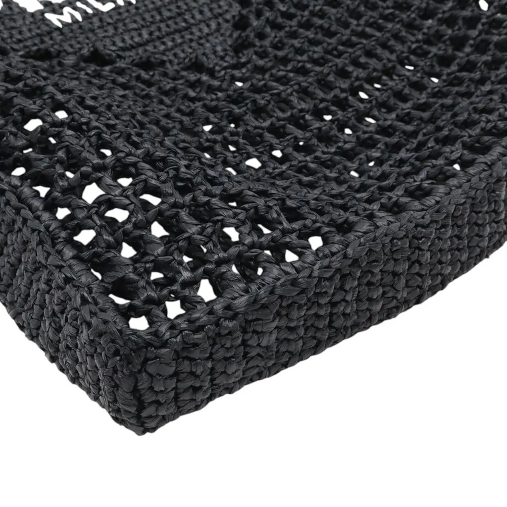 Prada Raffia Effect Crochet Embroidered Logo Tote Black Very good - Box View