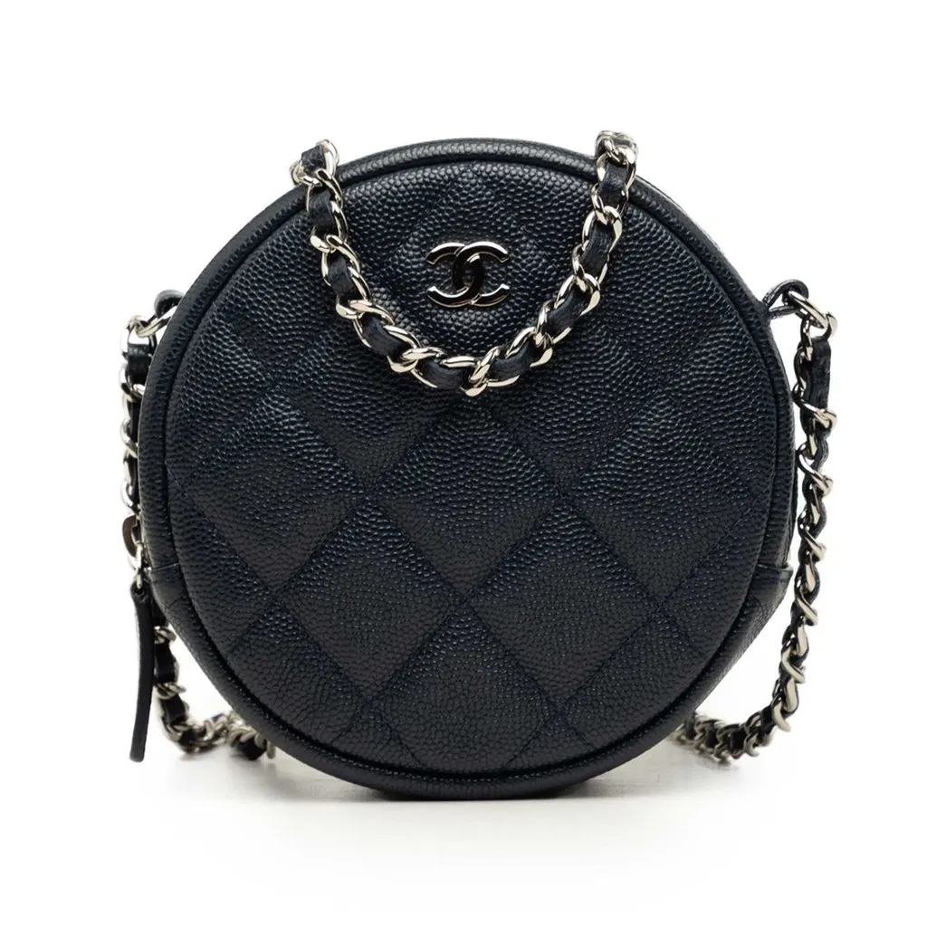 Chanel CC Quilted Caviar Round Clutch With Chain Blue Leather Very good - Front View