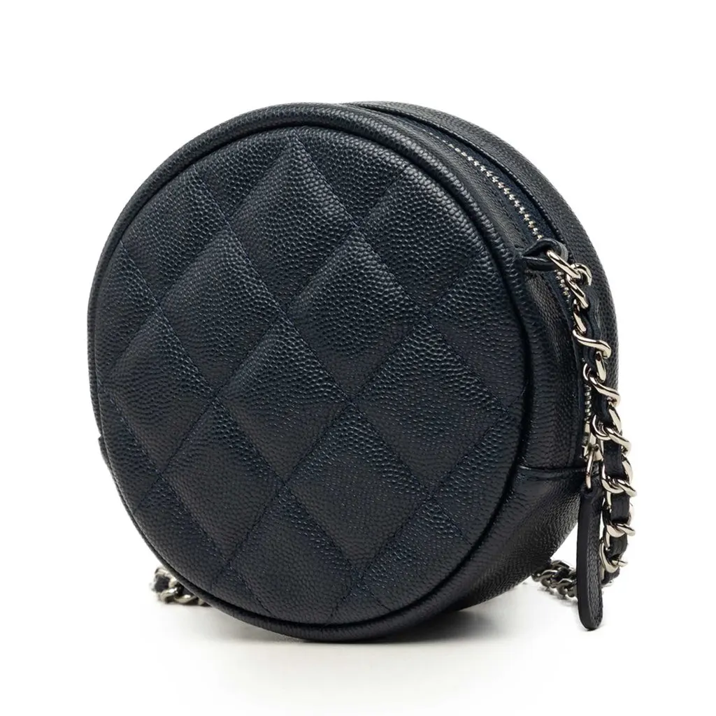 Chanel CC Quilted Caviar Round Clutch With Chain Blue Leather Very good - Back View