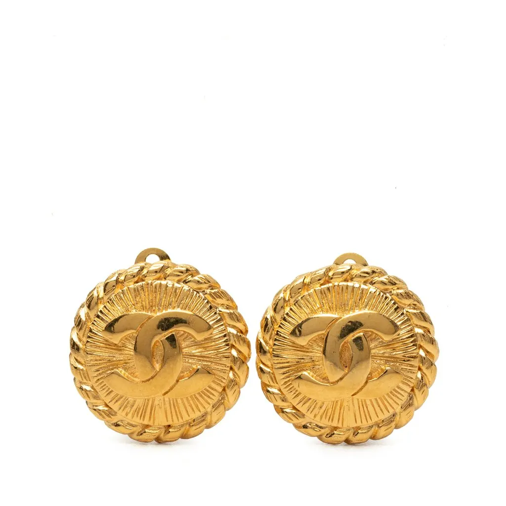 Chanel CC Gold Plated Round Clip On Earrings Gold Metal Very good - Front View
