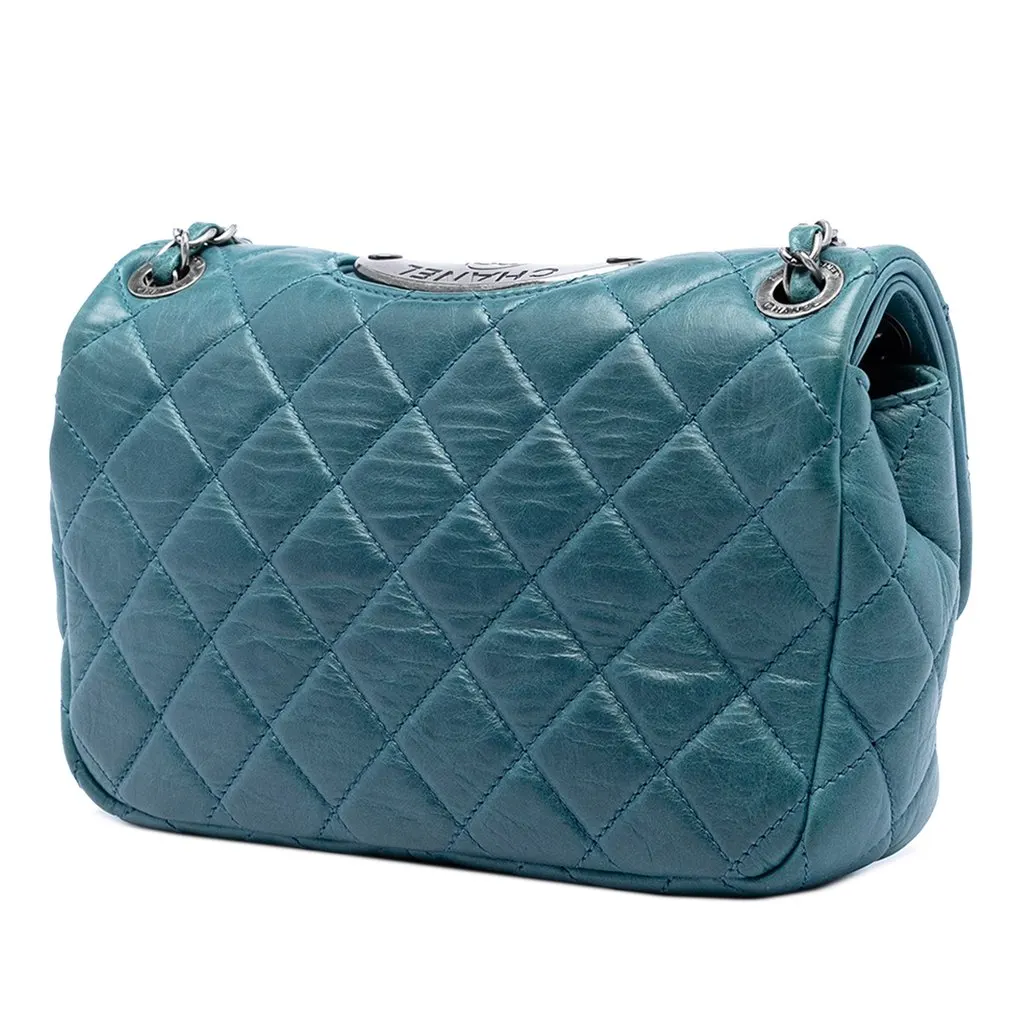 Chanel Quilted Calfskin Plaque Double Flap Blue Leather Very good - Back View