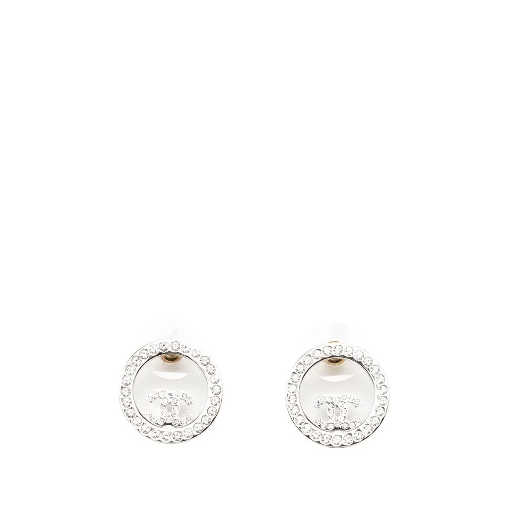 Chanel CC Brass Strass Push Back Earrings Silver Metal Very good - Front View