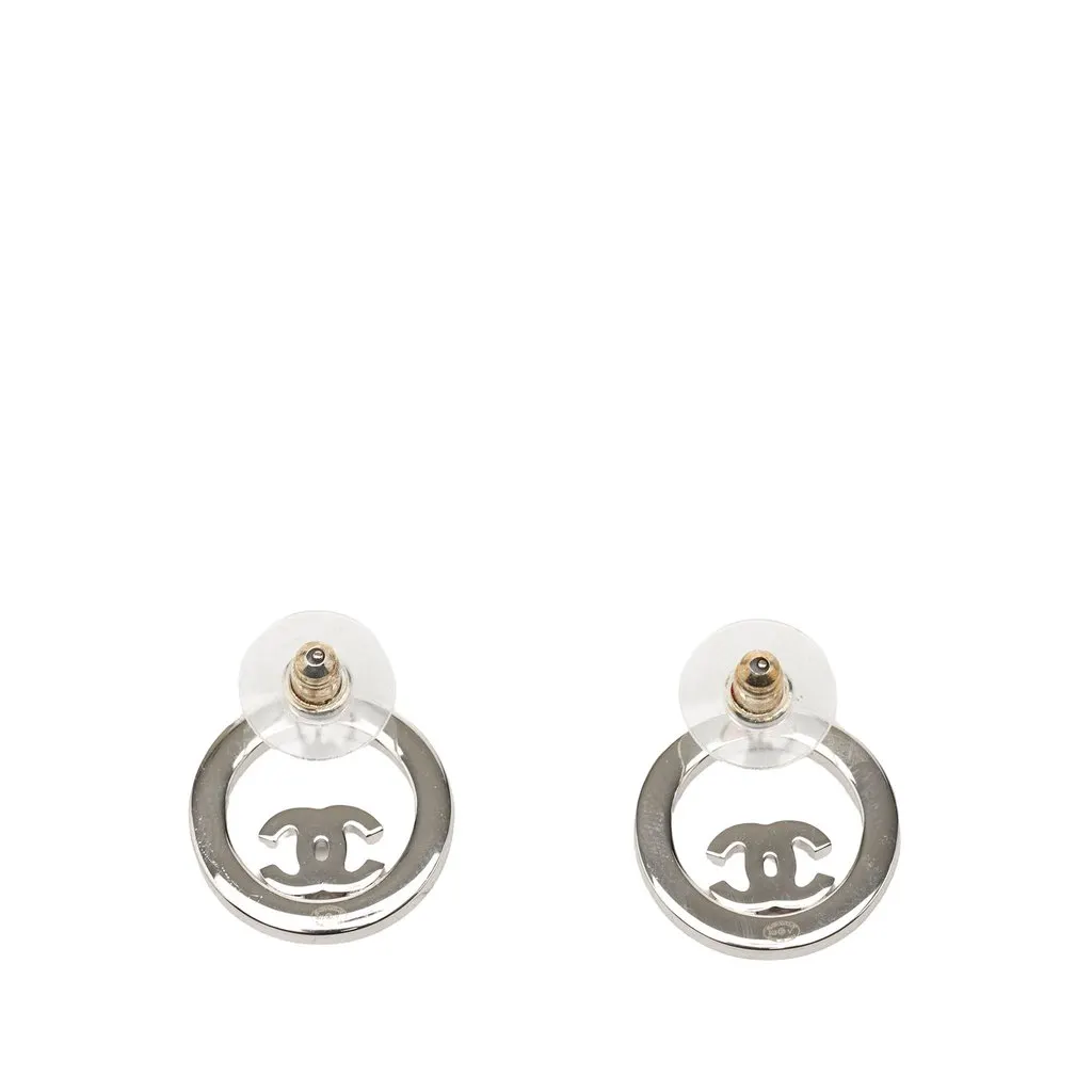 Chanel CC Brass Strass Push Back Earrings Silver Metal Very good - Back View