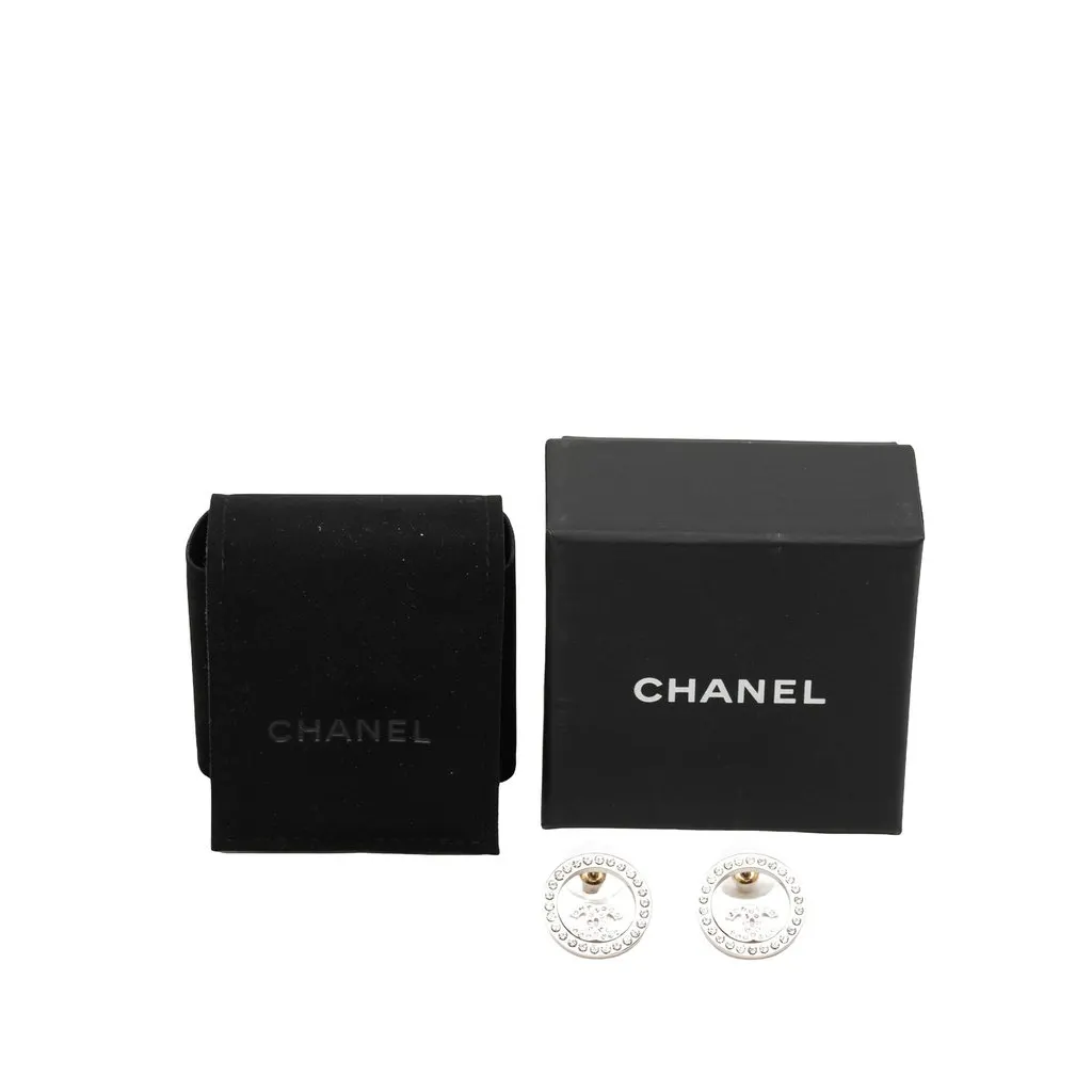Chanel CC Brass Strass Push Back Earrings Silver Metal Very good - Model View