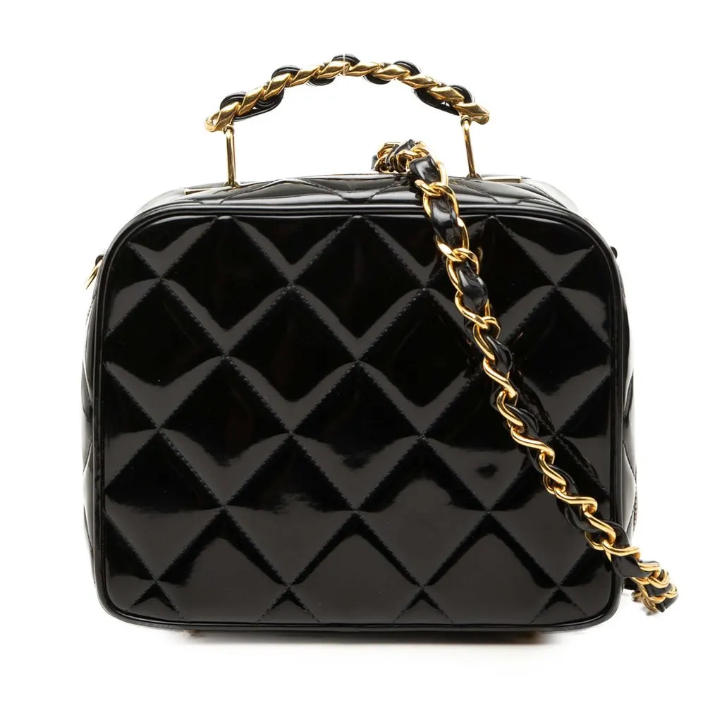 Chanel Quilted Patent Vanity Case Black Leather Very good - Front View