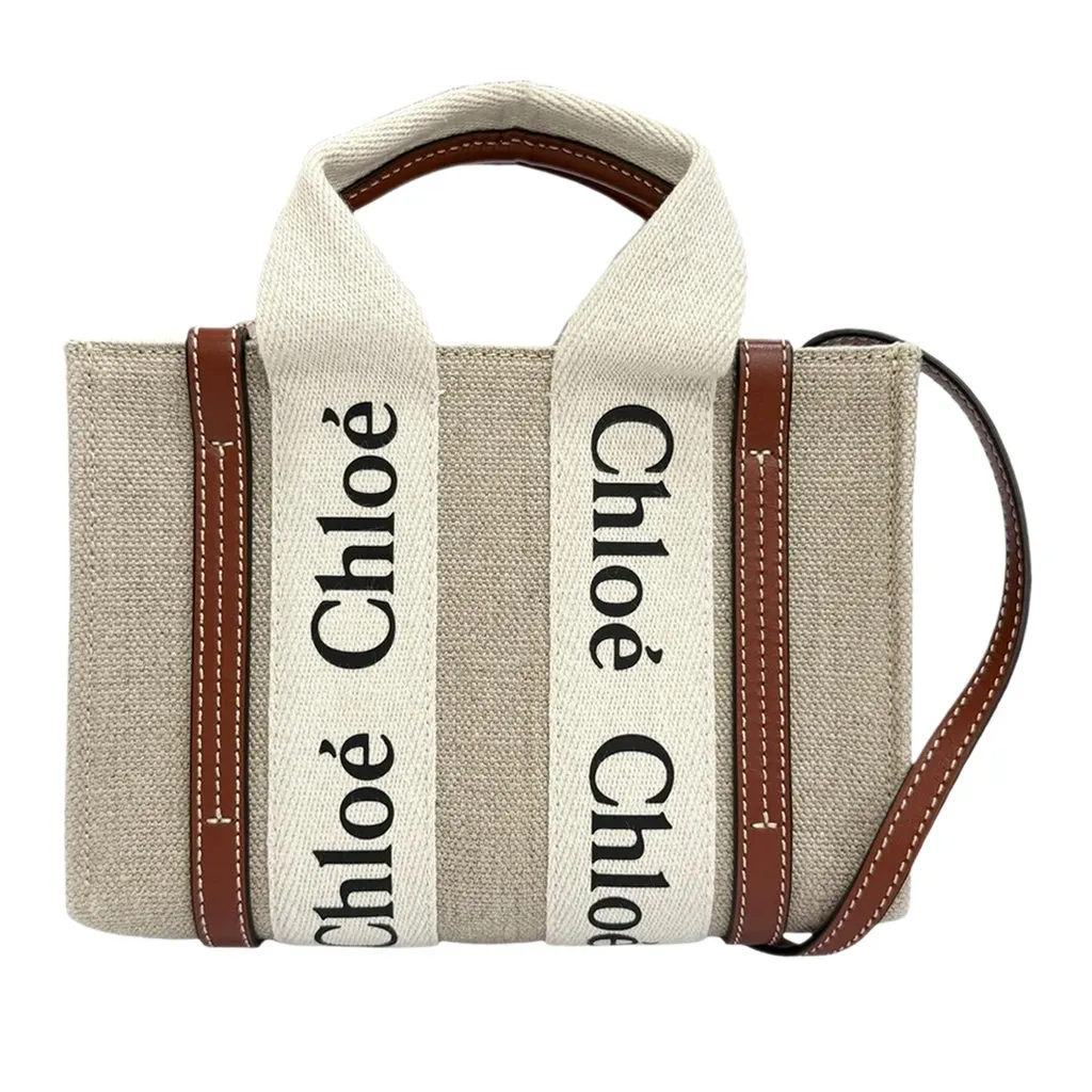Chloé Mini Canvas Woody Satchel Beige Very good - Front View