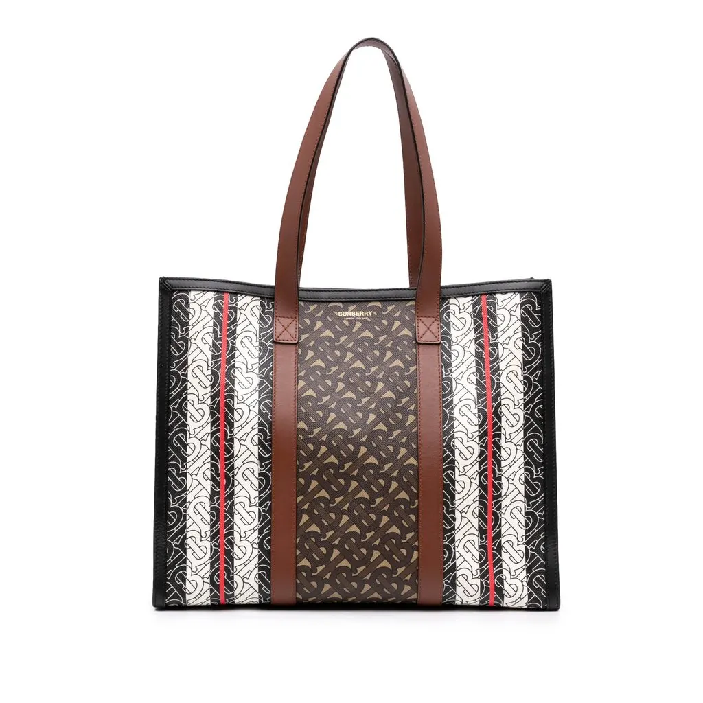 Burberry TB Monogram E Canvas Stripe Book Tote Brown Very good - Front View