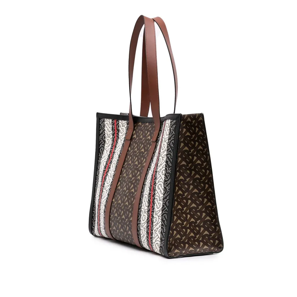 Burberry TB Monogram E Canvas Stripe Book Tote Brown Very good - Back View