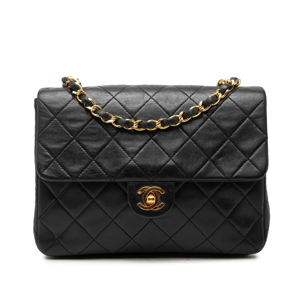 Chanel Small Square Quilted Lambskin Flap Black Leather Very good - Front View