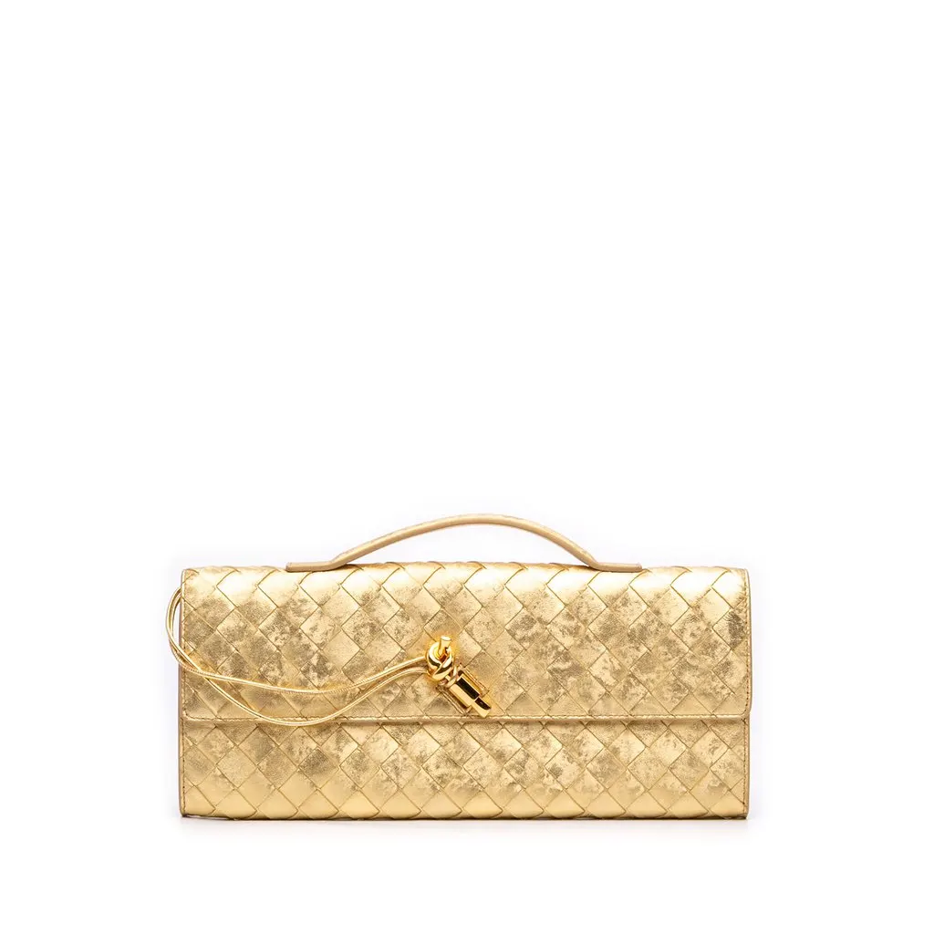 Bottega Veneta Metallic Lambskin Intrecciato Andiamo Clutch Gold Leather Very good - Front View