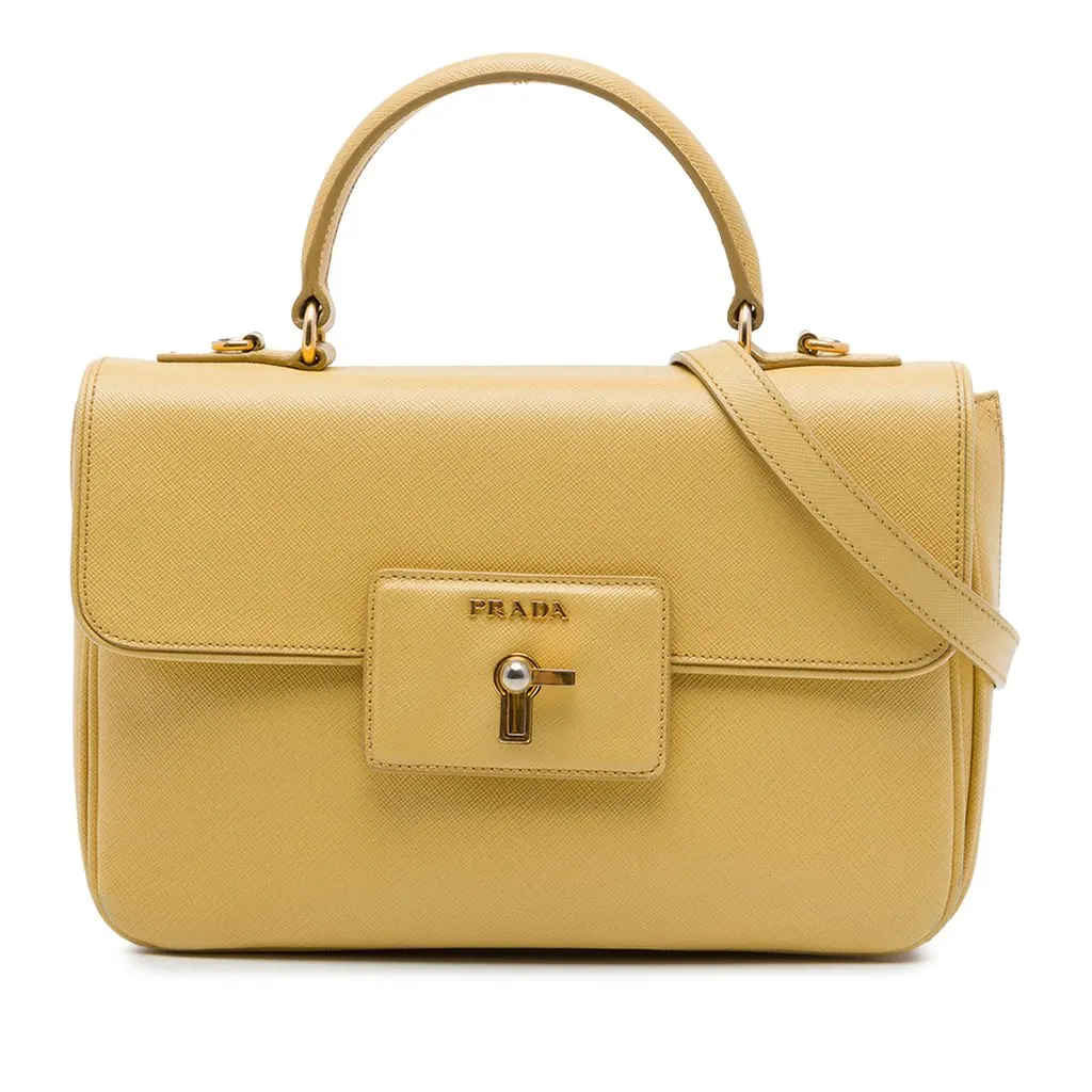 Prada Saffiano Lux Top Handle Satchel Yellow Leather Very good - Front View