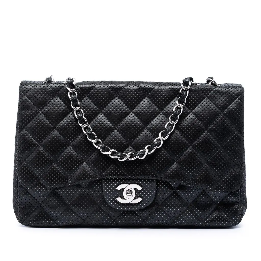 Chanel Jumbo Classic Perforated Lambskin Single Flap Black Leather Very good - Front View