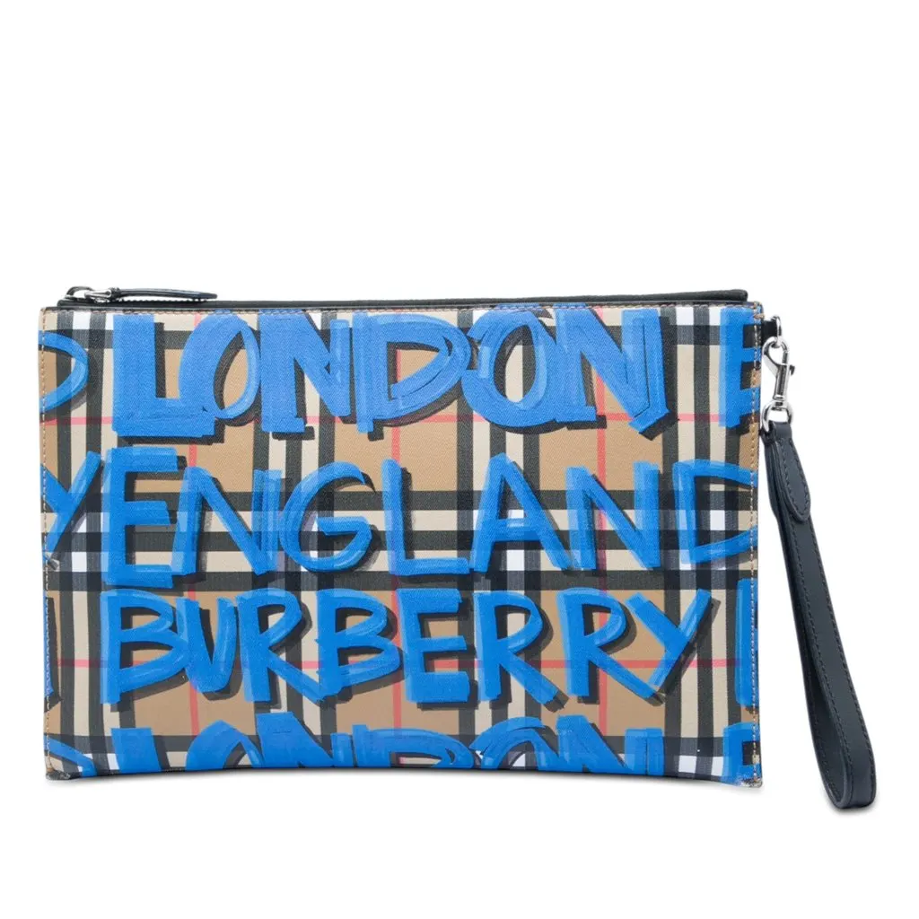 Burberry House Check Canvas Graffiti Zip Pouch Beige Canvas Very good - Front View