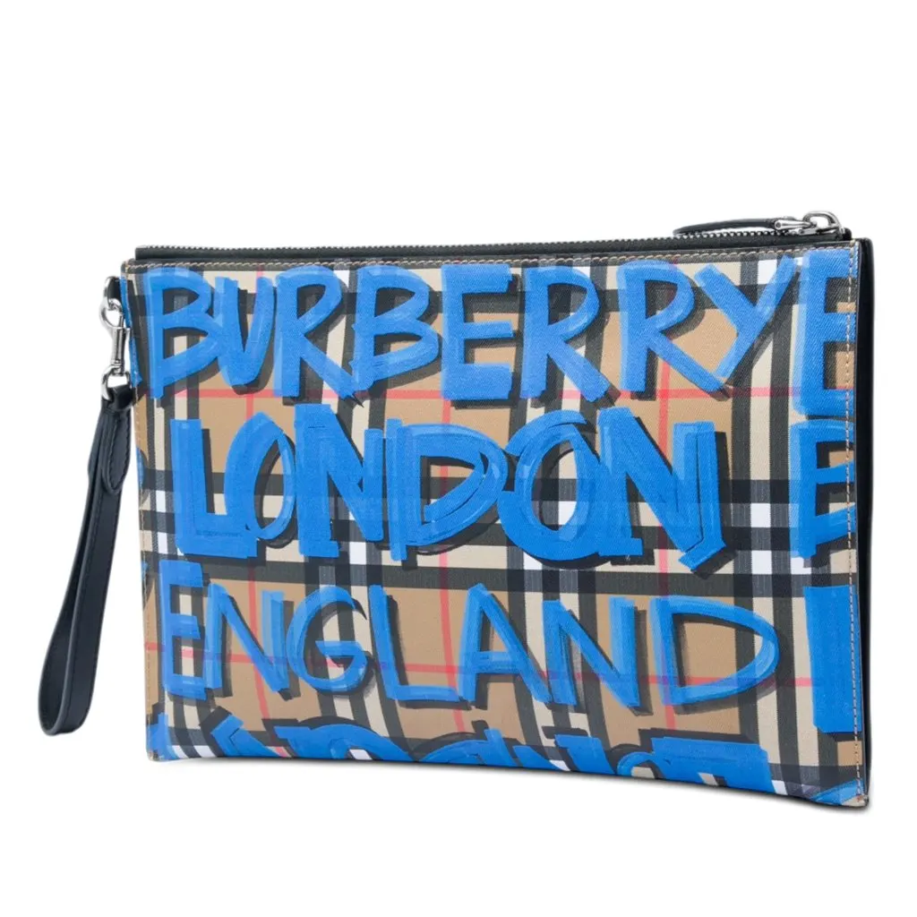 Burberry House Check Canvas Graffiti Zip Pouch Beige Canvas Very good - Back View
