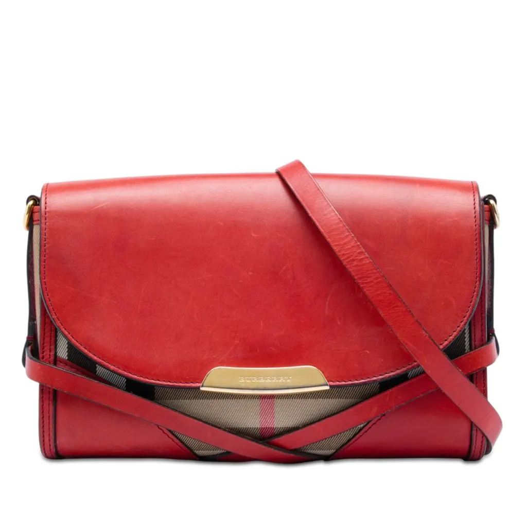 Burberry Leather and House Check Canvas Bridle Abbott Crossbody Red Leather Very good - Front View