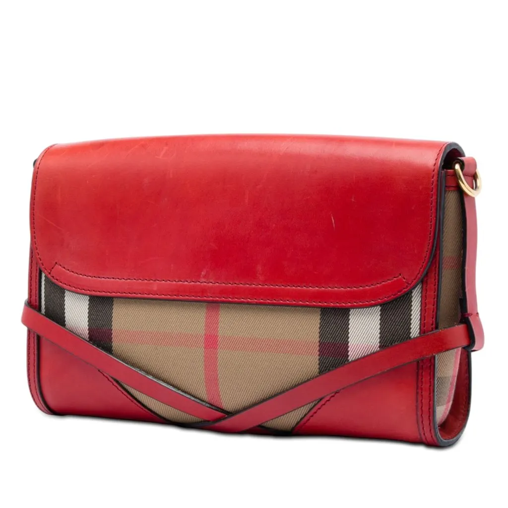 Burberry Leather and House Check Canvas Bridle Abbott Crossbody Red Leather Very good - Back View