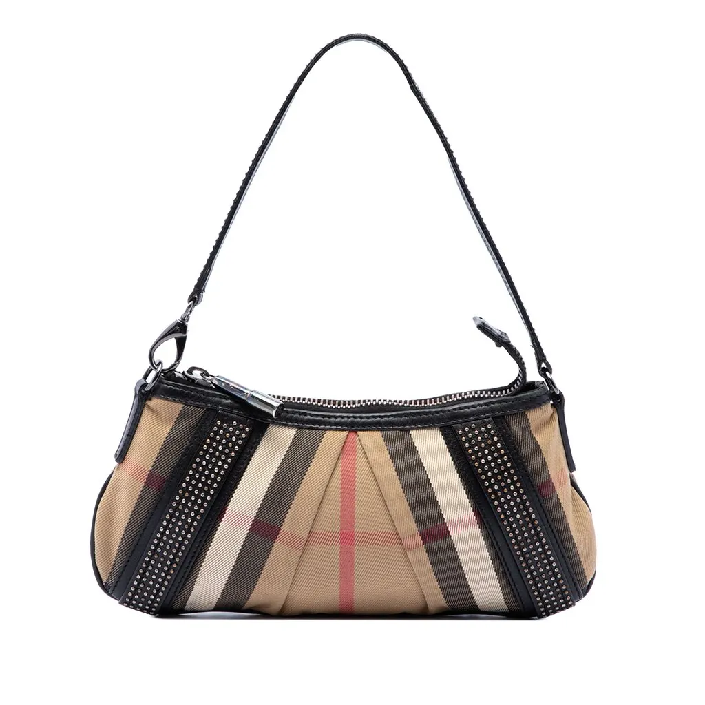 Burberry Studded Leather Trimmed House Check Canvas Shoulder Bag Brown Canvas Good - Front View