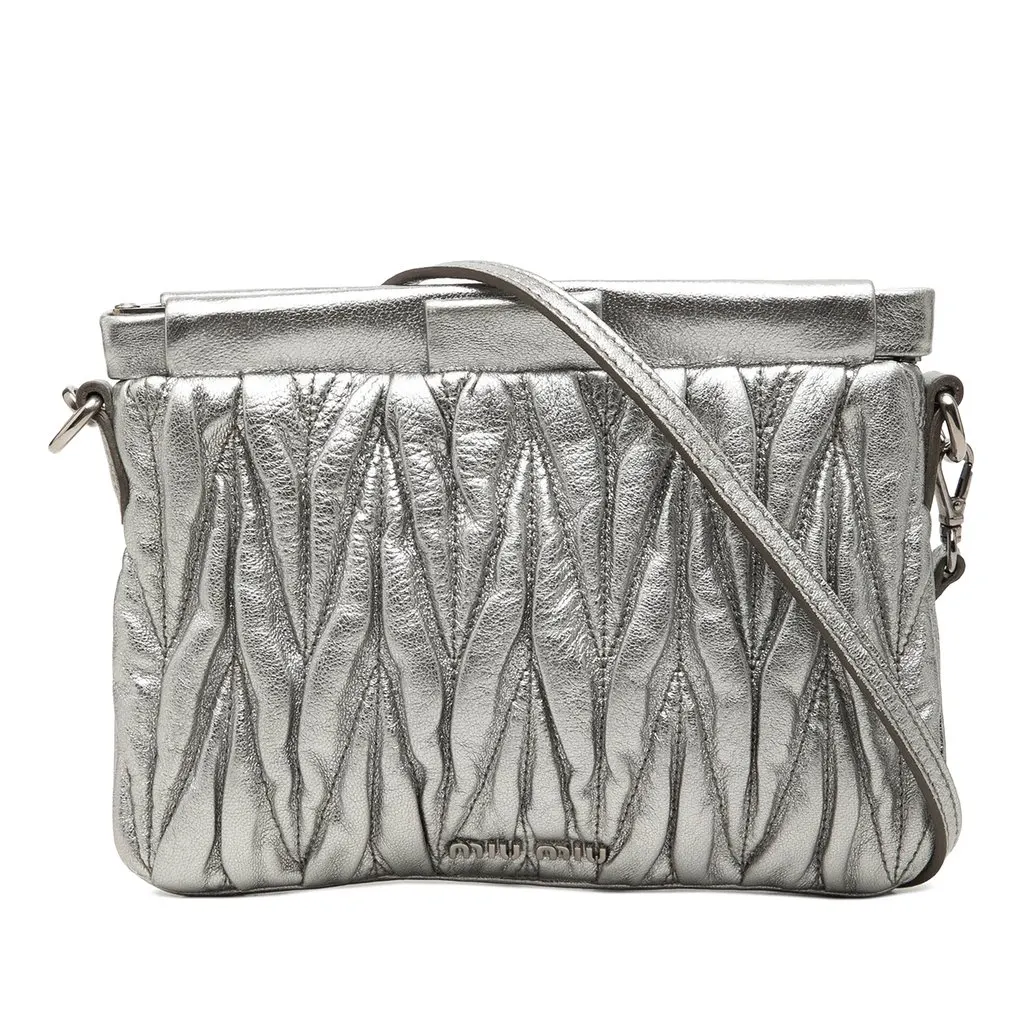 Miu Miu Matelasse Metallic Nappa Frame Clutch with Strap Silver Leather Very good - Front View